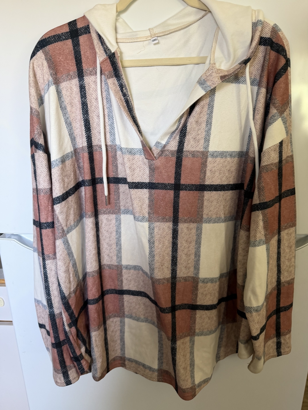 Plaid Hooded Tunic in Cream and Dusty Rose